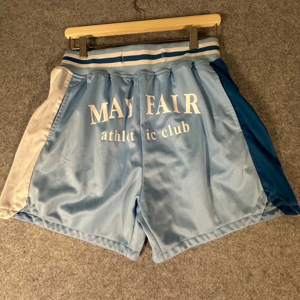 The Mayfair Group Athletic Club Shorts Womens Medium Blue Satin Graphic